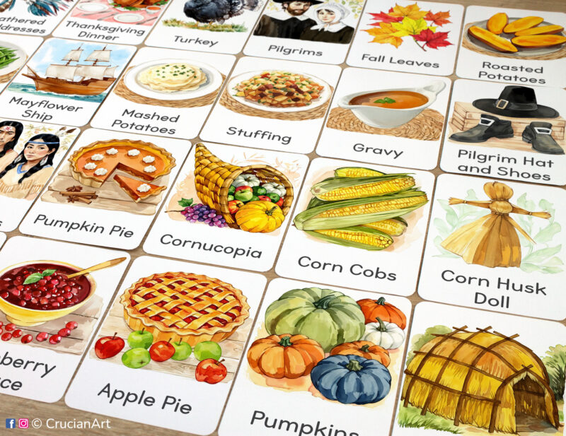 Autumn Holiday set of printed Thanksgiving Day theme flashcards for kids with watercolor illustrations of Cornucopia, Pumpkins, Apple Pie, Corn Cobs, Cranberry Sauce, Corn Husk Doll