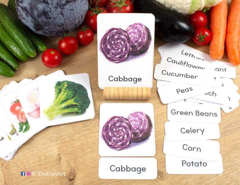 Three part cards with photographic pictures of Veggies and Greens. Printable DIY preschool and kindergarten educational resource. Printables for teachers.