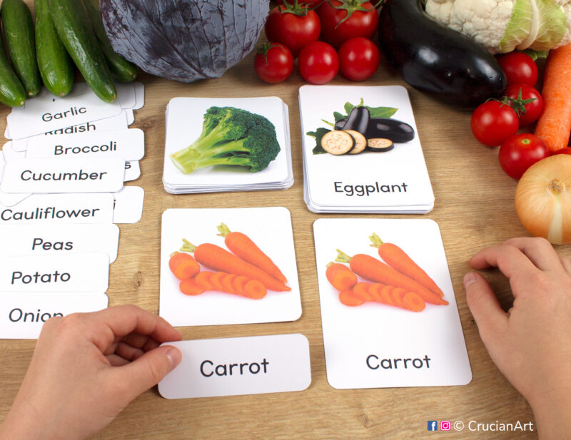 Real photo vegetables three part cards in use: preschooler matching a word label to an image card of a carrot. Printables for preschool and kindergarten curriculum. Healthy food unit classroom resource for teacher.