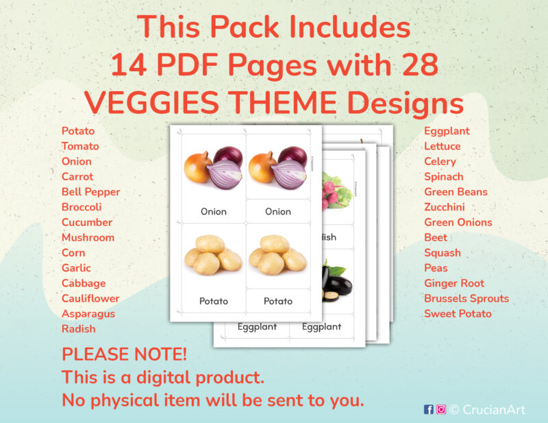 Printable Vegetables three part cards for preschool and kindergarten Healthy Food Unit activities