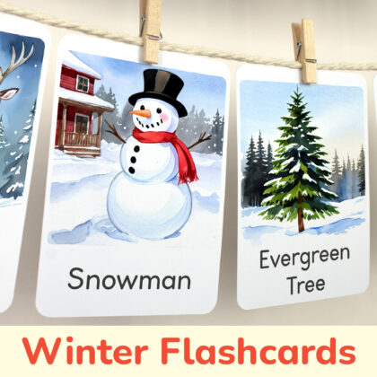 Snowman and Evergreen Tree flashcards hanging on twine with small wooden clothespins. Winter season curriculum classroom resources.