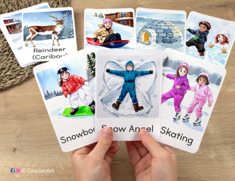 Flashcards featuring watercolor illustrations of Snow Angel, Snowboarding, and Ice Skating in toddler's hands. Set of Winter Season visual cards for DIY preschool learning activities.