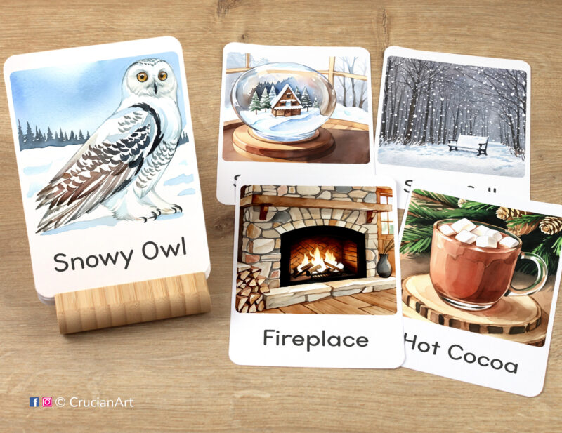 Winter Wonderland Unit Flashcards featuring images of Snowy Owl, Fireplace, Cup of Hot Cocoa, Snow Globe, and Snowfall, ready for ELA educational activity.