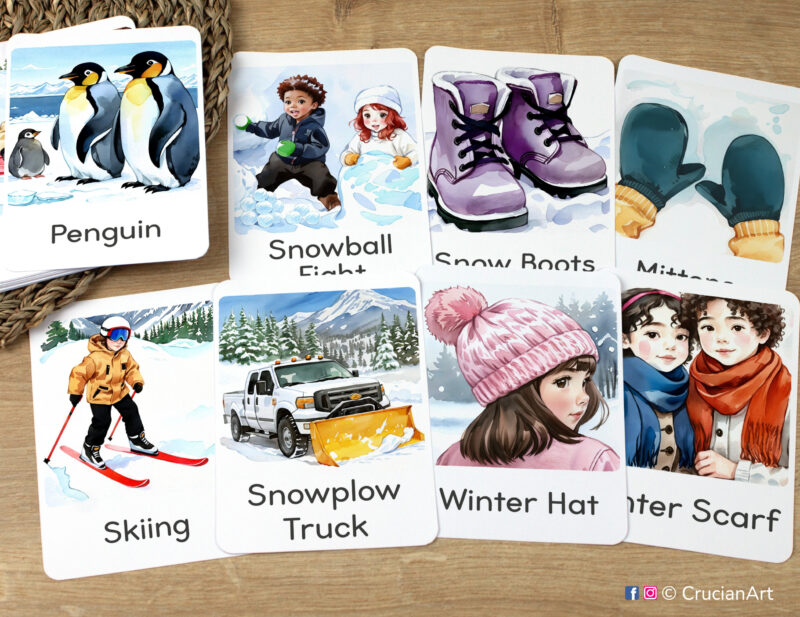 Cold Season Unit Flashcards featuring Snowball Fight, Winter Hat, Winter Scarf, Snowplow Truck, Skiing, Mittens, Snow Boots, Penguin laid out for studying.