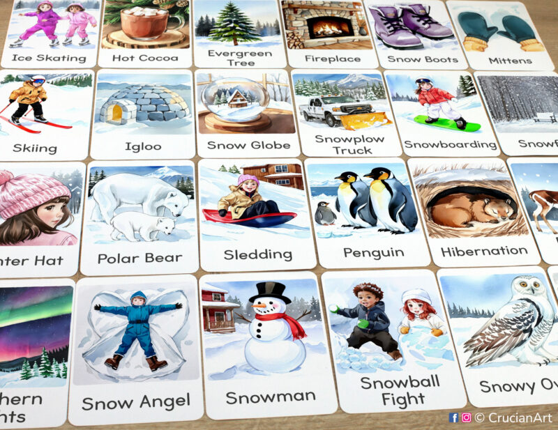 Set of Winter Season watercolor flashcards laid out on the table for learning activity. Toddler, Preschool, Kindergarten printable flash cards.