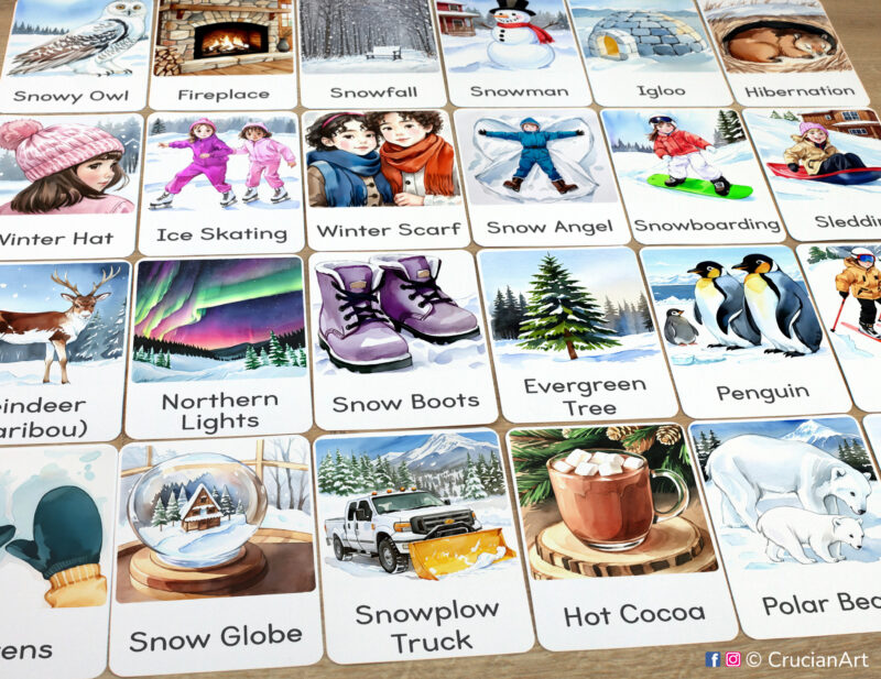 Set of Winter Season flashcards laid out on the table for learning activity: Snowplow Truck, Snow Globe, Evergreen Tree, Polar Bear, Northern Polar Lights, Penguins, Reindeer Caribou, and Mittens
