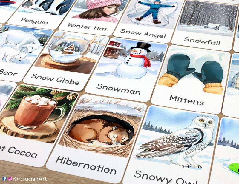 Set of printed Winter Season theme three-part cards with watercolor illustrations of Snowy Owl, Hibernation, Snowman, Mittens, Hot Cocoa, and Snow Globe