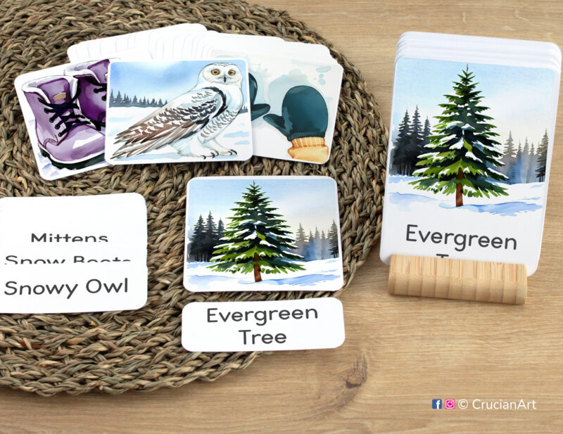 Early reading activity using three-part cards: Evergreen Tree flashcard, word card, and picture card. Set of Winter Season-themed sight words for Winter Wonderland literacy activities.