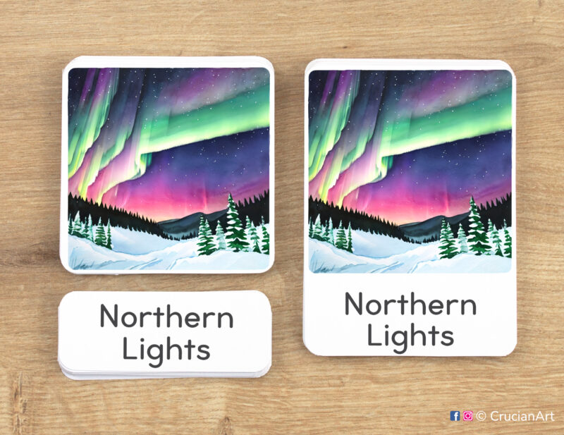 Winter Wonderland theme 3-part cards homeschool printables. DIY educational resources for Winter Season curriculum. Northern Polar Lights picture card, word card and control card.