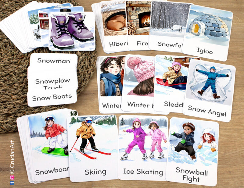 Set of Winter Season flashcards laid out on the table for learning activity: Kids Skiing, Snowboarding, Deer, Ice Skating, and Sledding