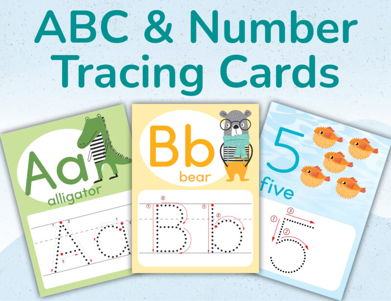 Alphabet and numbers tracing cards for early literacy education. Learn beginning sounds and how to write uppercase and lowercase letters with funny animals. Preschool and kindergarten printables.