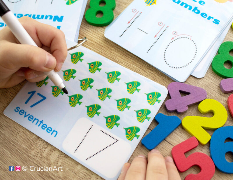 Number from one to ten and from eleven to twenty tracing flashcards. Printable activity to teach children how to write numbers. Preschool and kindergarten educational printables.