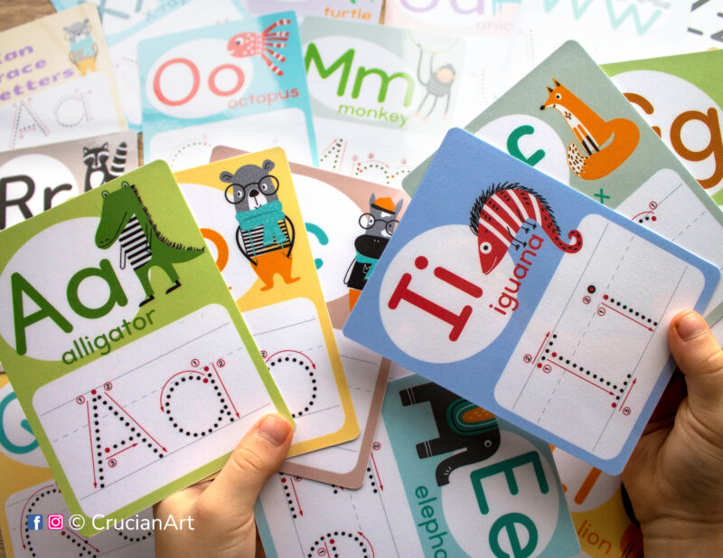 Bundle of alphabet letters and number tracing flashcards. Printable learning material to teach three and four year old kids how to write letters and numbers with funny animals illustrations. Cards with beginning sounds and tracing guides.