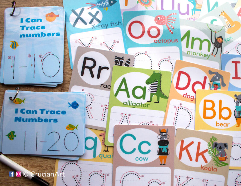 Set of educational alphabet and number flashcards. Printable cards to teach kids beginning sounds with funny animals and how to write uppercase and lowercase letters. Number tracing cards with guide lines.