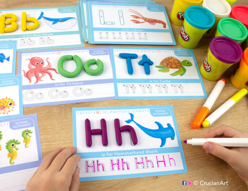 Underwater Alphabet Playdough Mats. Ocean Animals for ABC Writing Practice: O is for Octopus, T is for Turtle, H is for Hammerhead Shark, L is for Lobster, B is for Blue Whale