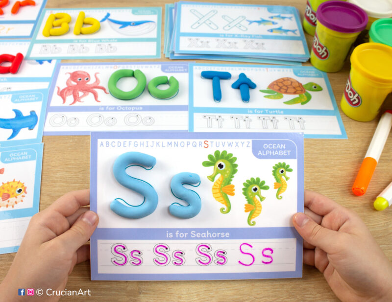 Sea Creature Alphabet Playdough Mats. Ocean animals for Letter Formation Practice: S is for Seahorse, T is for Turtle, O is for Octopus.