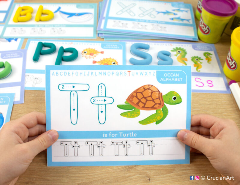 Ocean Animal ABC playdough mats for preschool curriculum. Letter Formation Activity: T is for sea turtle.