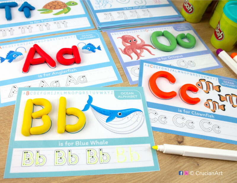 Deep Sea Alphabet Playdough Mats. Ocean Animals Alphabet Learning Activity: B is for Blue whale, C is for Clownfish, O is for Octopus, A is for Anglerfish, T is for Turtle.