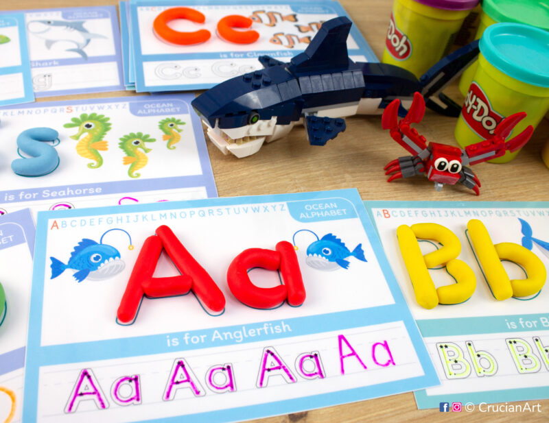 Underwater World Alphabet Playdough Mats. Ocean Animals letter tracing activity for handwriting practice.