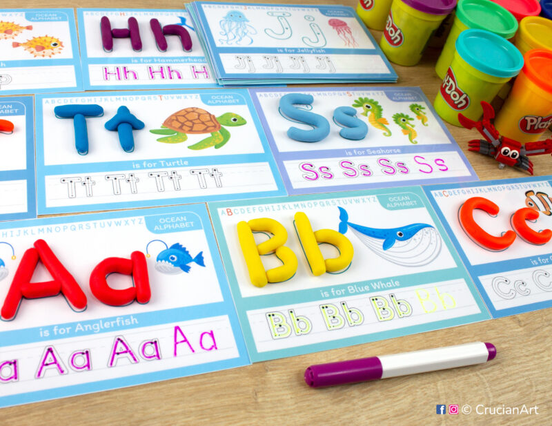 Set of printable Marine Life Alphabet Playdough Mats. Ocean Animals for ABC Handwriting Exercise: A is for Anglerfish, B is for Blue Whale, C is for Clownfish, J is for Jellyfish, T is for sea turtle, S is for Seahorse.