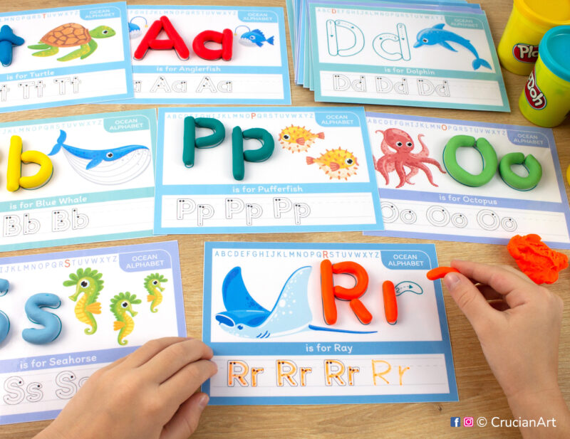 Undersea Alphabet Playdough Mats. Ocean Animals Alphabet for Letter Recognition and Letter Writing Activity: R is for Ray, P is for Pufferfish, D is for Dolphin, O is for Octopus, S is for Seahorse, A is for Anglerfish, B is for Blue Whale, T is for Turtle.