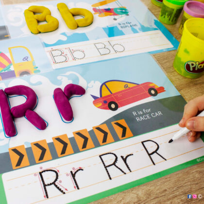 Car and Truck Alphabet Playdough Mats. Vehicles for ABC Writing Practice: R is for Race Car, B is for Biplane.