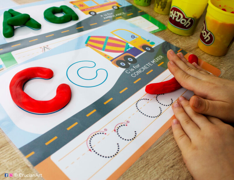 Cars and Trucks Alphabet Playdough Mats. Vehicles for ABC Writing Practice: C is for Concrete Mixer Construction Truck.
