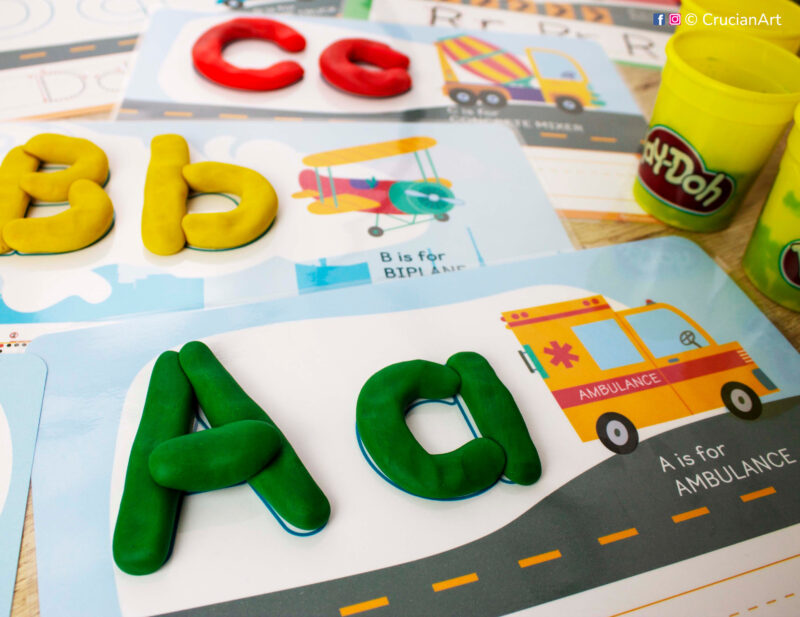 Transportation Alphabet Playdough Mats. Trucks and Cars Vehicles for Letter Formation Practice: A is for Ambulance, B is for Biplane, C is for Concrete Mixer.