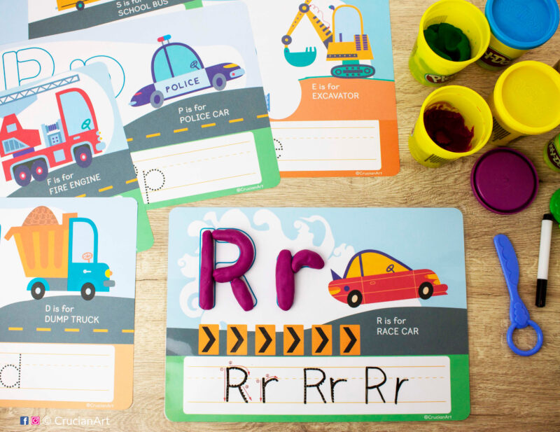 Cars and Trucks ABC playdough mats for Vehicles theme preschool curriculum. Letter Formation Activity: R is for Race Car, D is for Dump Truck, F is for Fire Engine, P is for Police Car, E is for Excavator.