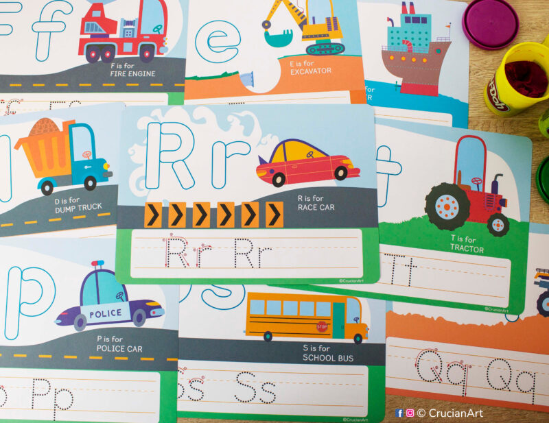 Transportation Alphabet Playdough Mats. Vehicles Alphabet Learning Activity: R is for Race Car, E is for Excavator, S is for School Bus, P is for Police Car, D is for Dump Truck, F is for Fire Engine, T is for Tractor.