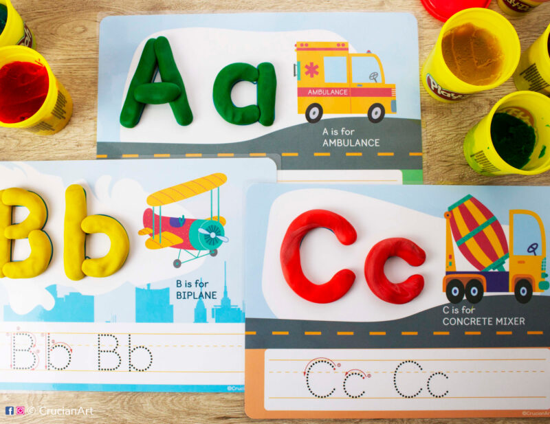 Set of printable Vehicles theme Alphabet Playdough Mats. Transportation for ABC Handwriting Exercise: A is for Ambulance, B is for Biplane, C is for Concrete Mixer Construction Truck.