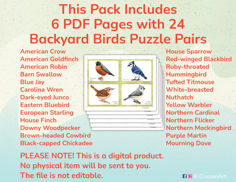 North American backyard birds species watercolor picture puzzles: robin, blue jay, house finch, northern cardinal, goldfinch, woodpecker, dove, Carolina wren, swallow, bluebird, chickadee, junco, sparrow, tufted titmouse, warbler, crow, starling, hummingbird, flicker, blackbird,  mockingbird, nuthatch, cowbird, purple martin.