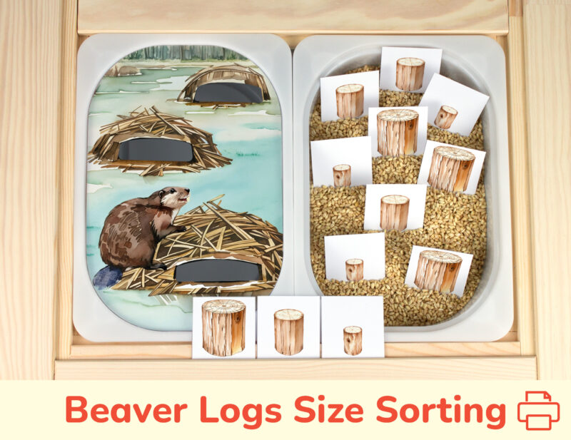Beaver lodge theme insert and logs size sorting pieces placed on trofast bins in ikea flisat children's sensory table. Diy preschool printables.