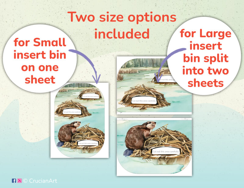 Beaver lodge theme flisat insert PDF printables for small and large Trofast boxes. Diy educational resources for preschool childcare centers.