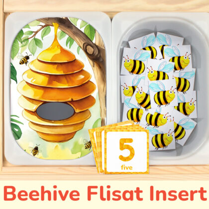 Beehive and honeybees counting activity placed on Trofast boxes in IKEA Flisat children's sensory table