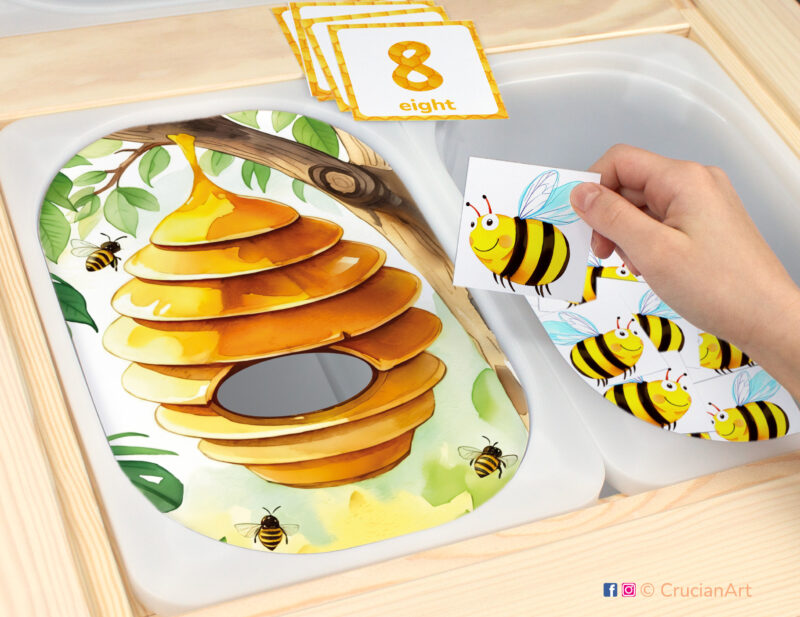 Count the honeybees sensory play in a childcare center: classroom learning printable materials for an insect unit. Counting Trofast insert template for kids sensory bins. Printables for the IKEA Flisat Sensory Table.