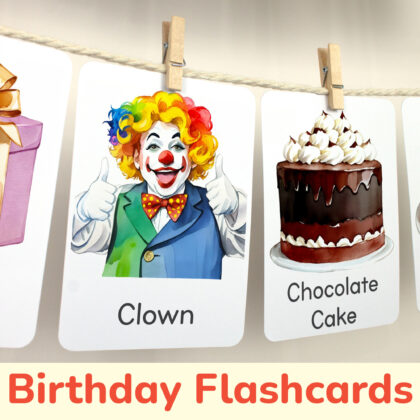 Clown, chocolate cake, strawberry cake, gift box flashcards hanging on twine with small wooden clothespins. Homeschool classroom printable wall art material.
