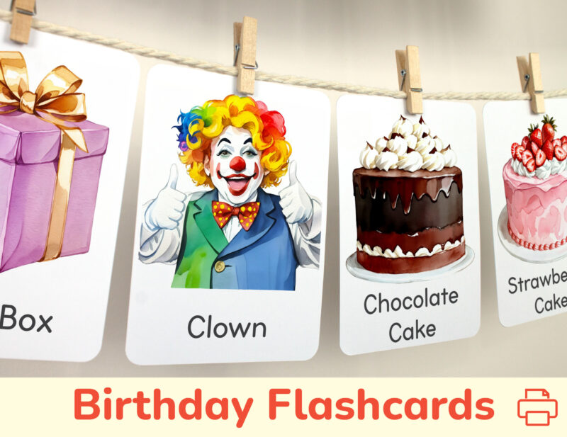 Clown, chocolate cake, strawberry cake, gift box flashcards hanging on twine with small wooden clothespins. Homeschool classroom printable wall art material.