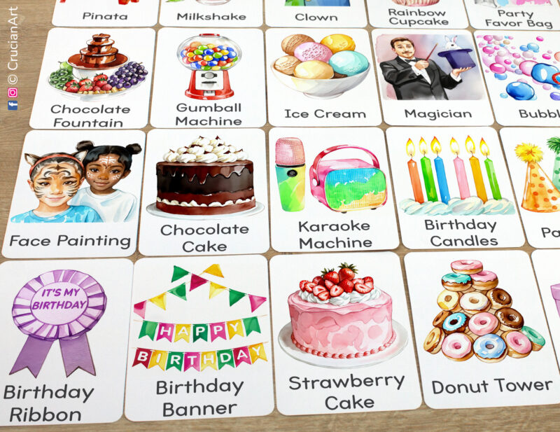 Set of printable kid birthday party flashcards laid out on the table for learning activity: birthday ribbon badge, party banner, donut tower, birthday strawberry cake, birthday candles, birthday chocolate cake, magician, face painting.