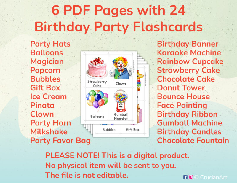 Printable birthday party flashcards for preschool and kindergarten hanging classroom wall art