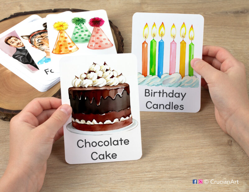 Chocolate cake and birthday candles watercolor flashcards in child hands. Birthday party theme printables for preschool classroom. Early education resources.