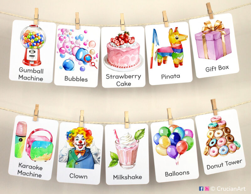 Set of flashcards for kid birthday party used as homeschool class wall decor. Flash cards hanging on twine with small wooden clothespins. Watercolor illustrations of a clown, balloons, donut tower, pinata, bubbles, gift box, karaoke machine, strawberry cake, gumball machine, milkshake.