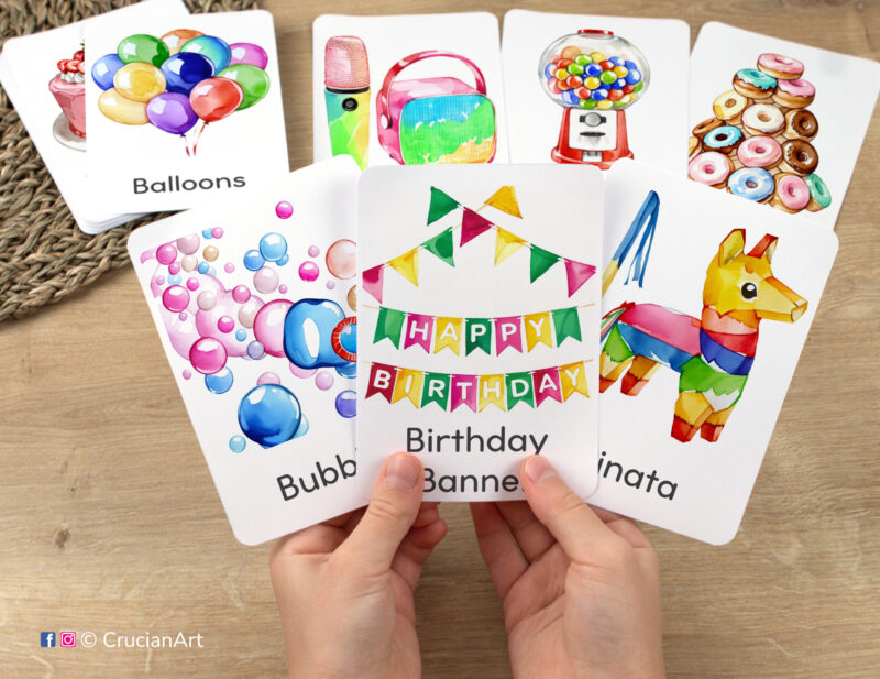 Girl and boy birthday party theme flashcards for kids featuring watercolor illustrations of happy birthday banner, balloons, and burro pinata in toddler hands.