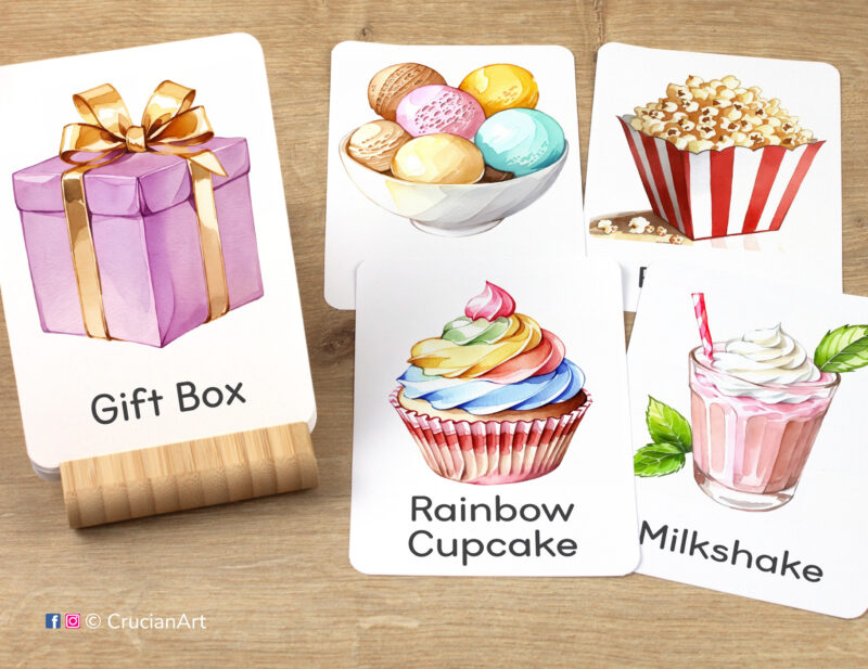 Birthday party unit flashcards featuring images of a purple gift box, rainbow cupcake, milkshake, ice cream, and a popcorn, ready for learning activity. Printable toddler and preschool educational resources.