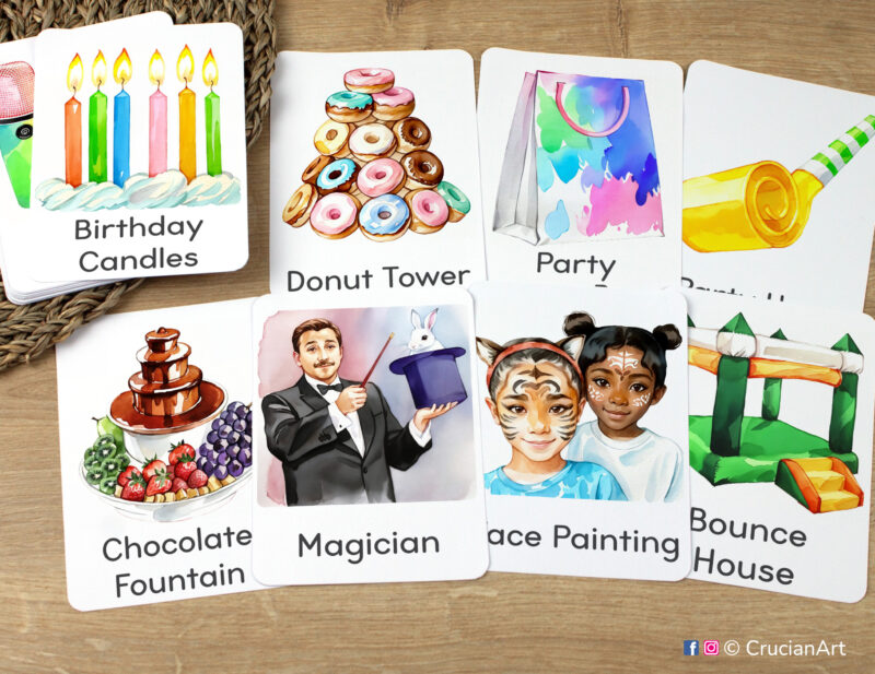 Birthday party unit flashcards featuring watercolor illustrations of a magician, chocolate fountain, bounce house, donut tower, birthday candles laid out for studying in preschool classroom