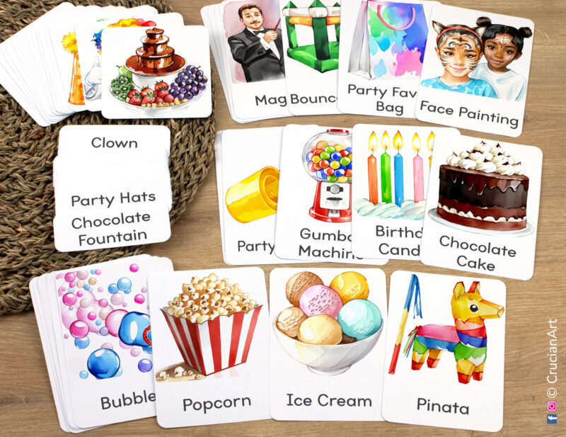 Happy Birthday Party Unit Flashcards featuring chocolate cake, birthday candles, pinata, ice cream, popcorn, bubbles laid out for studying