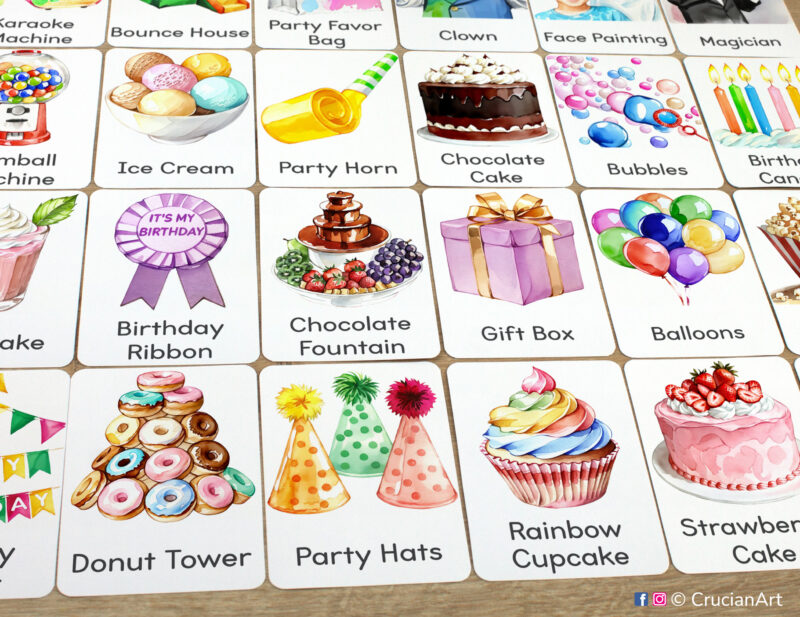 Set of birthday party flashcards laid out on the table for learning activity: party hats, donut tower, rainbow cupcake, gift box, birthday ribbon, balloons, chocolate fountain, birthday strawberry cake, party horn, bubbles, ice cream, birthday chocolate cake. Printables for three and four year old child.