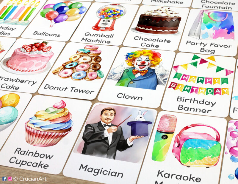 Set of printed birthday party theme three-part cards with watercolor illustrations of magician, clown, birthday banner, rainbow cupcake, donut tower, strawberry cake, balloons, gumball machine, karaoke machine, chocolate cake. Educational printables for three and four year old children.