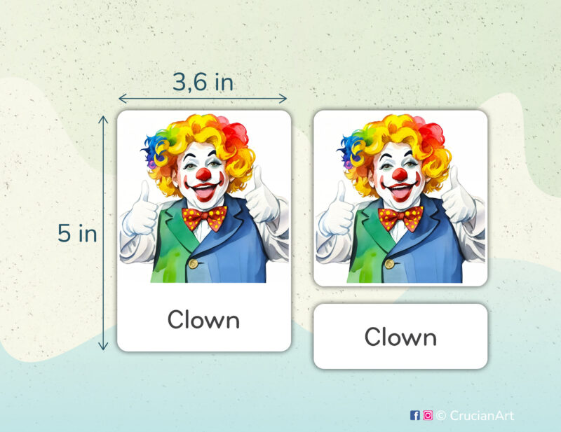 Birthday party theme 3-part cards preschool printables. DIY educational resources for three and four year old kid activities. Happy clown watercolor illustration.