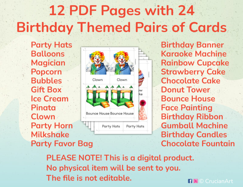 Printable happy birthday three part cards for preschool and kindergarten party activities